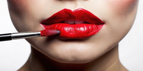 A bold red lipstick applied with a precision brush on an isolated hand, revealing a subtle smudge near the corner of the mouth, isolated object , beauty product