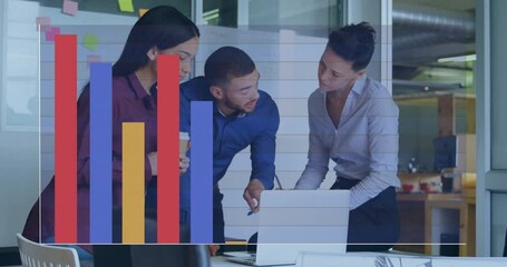 Poster - Analyzing data with bar graph overlay, business team in modern office