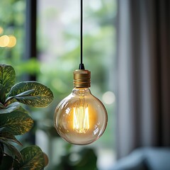 Poster - Artistic light bulb hanging from a green plant creating a unique and captivating visual