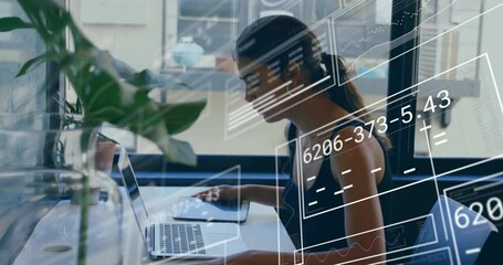 Poster - Working on laptop, woman in school with animation overlaying her workspace