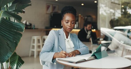 Poster - Writing, remote work and business woman in cafe for planning, thinking and hospitality manager. Restaurant schedule, vision and coffee shop budget with person for tablet, research or connection