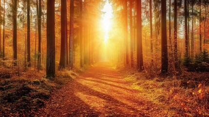 Poster - Winding path through a sunlit forest inviting exploration and serenity
