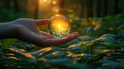 Poster - A person holding a clear glass ball with reflections capturing the surrounding environment