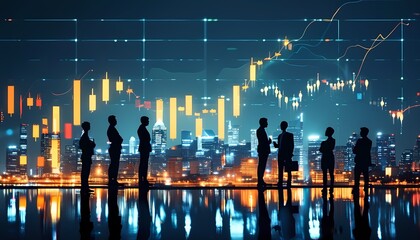 Poster - Business growth insights city skyline data visualization nighttime silhouetted figures economic trends and analysis