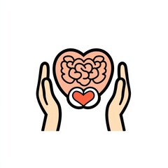 Fototapete - Outlined mental health support icon, hands and heart on white.