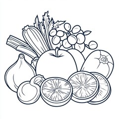 Fototapete - Basic drawing of fruits and vegetables, healthy food icon, white.
