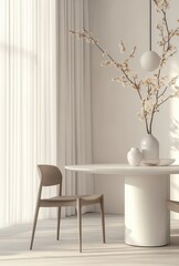 Poster - Modern minimalist interior design featuring elegant round table, wooden chair, and delicate flower arrangement in soft natural light