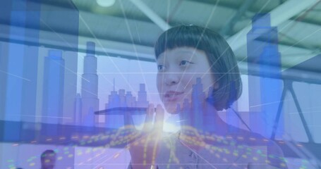 Poster - Woman interacting with futuristic cityscape animation overlay in modern setting