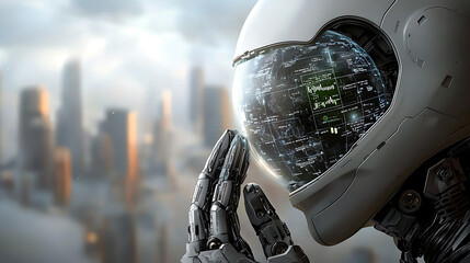 Poster - Futuristic robot in space helmet analyzing data urban cityscape digital art sci-fi environment close-up view technology concept
