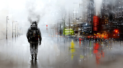 Poster - A solitary figure walking through a foggy urban landscape at dusk digital artwork city environment surreal concept