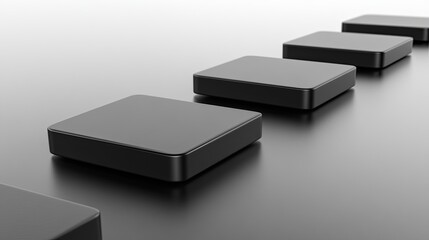 Poster - Modern black square shapes arranged on a sleek surface showcasing minimalist design elements and subtle reflections