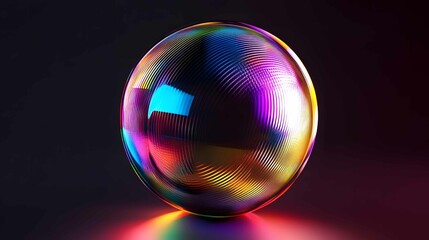 Poster - Vibrant multicolored reflective sphere resting on a dark surface in a studio setting