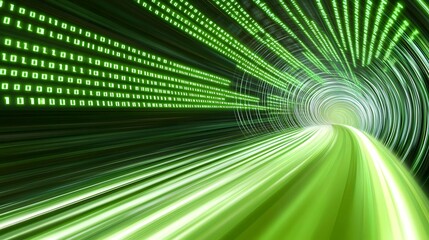 Poster - Dynamic green tunnel with binary code flowing, showcasing a futuristic data stream experience in a digital environment