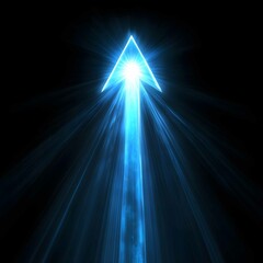 Poster - Bright blue arrow pointing upward with glowing light rays emanating from its tip in a dark background
