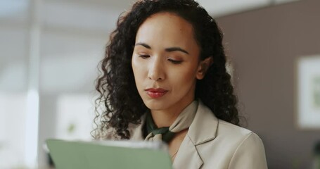 Poster - Office, woman and thinking with tablet for research, financial information and accountant with tech. Ideas, female person and business consultant with digital for investment, report review and online
