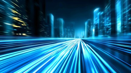 Poster - Vibrant blue light trails create a dynamic sense of movement through a futuristic cityscape at night