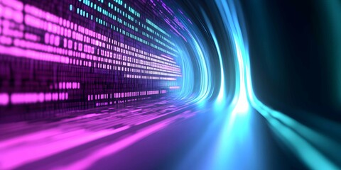 Poster - Colorful digital tunnel with flowing lights and binary code creates a futuristic atmosphere in a virtual space