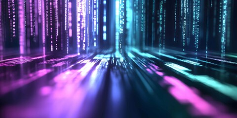 Poster - Visual representation of digital data transmission with neon colorful streams in a matrix-like environment at dusk