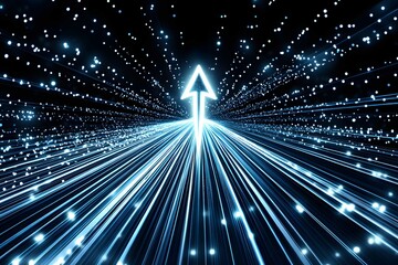 Poster - Dynamic representation of light beams converging towards a bright arrow in a vast cosmic space