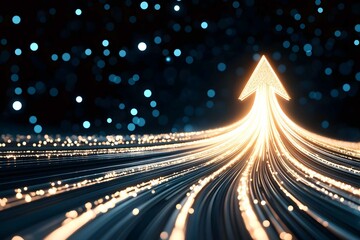 Poster - Bright arrow made of light trails points upward in a dark space filled with floating particles