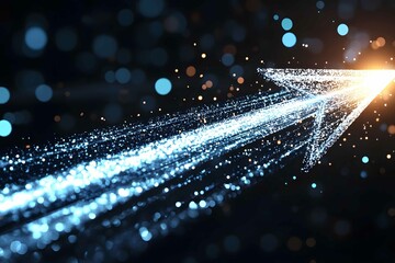 Poster - Bright arrow of light streaks through a dark background, surrounded by shimmering particles and creating a dynamic sense of movement and energy in a digital space