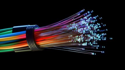 Poster - Colorful fiber optic cables emit vibrant light in a dark environment showcasing advanced technology and connectivity