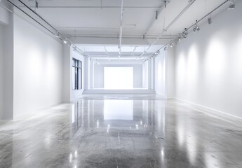 Poster - Bright, empty white gallery interior with polished concrete floor.