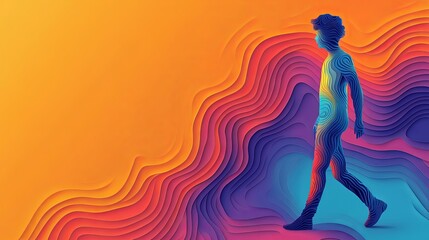 Poster - Colorful abstract figure walking through vibrant waves of color at sunset, symbolizing movement and transition in a creative space