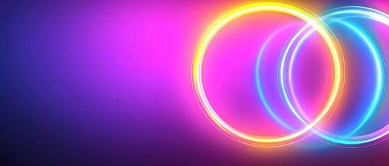 Poster - Colorful neon circles blend together, creating vibrant light patterns against a dark purple background during a lively event