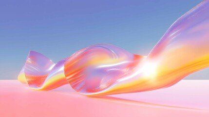Poster - Colorful abstract wave formation reflecting light against a gradient sky and smooth surface during sunset