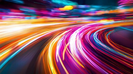 Poster - Vibrant light trails create a dynamic display on a busy urban street at night showcasing movement and energy