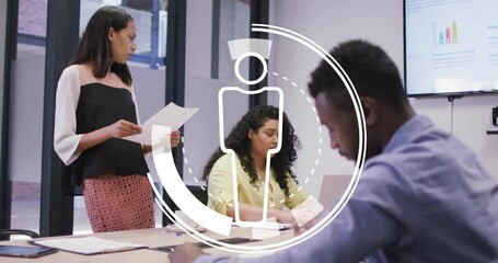 Poster - Discussing data in business meeting, diverse team collaborating with animated icons