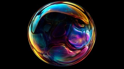 Poster - Colorful abstract bubble floating in a dark space, showcasing vibrant patterns and reflections, evoking a sense of depth and tranquility