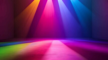 Poster - Colorful beams of light create an artistic ambiance in a dark room highlighting vibrant hues and shadows on the floor