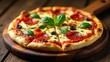 © Nova - A Delicious Pepperoni Pizza with Melted Cheese and Fresh Basil on a Rustic Wooden Board