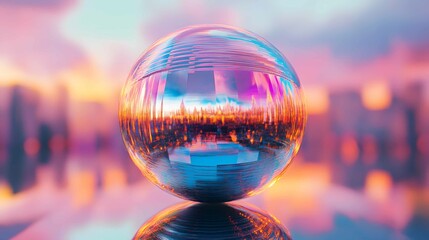 Poster - Colorful reflective sphere captures vibrant sunset cityscape with striking patterns and hues