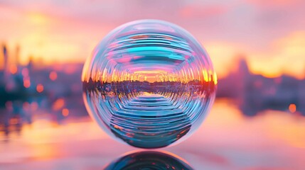 Poster - Colorful reflective sphere captures vibrant sunset cityscape with striking patterns and hues