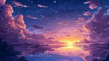 Wall Mural - Vibrant evening sky illustrated with captivating pixel art stars.