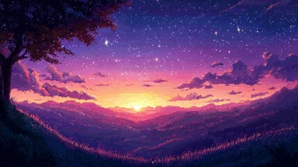 Wall Mural - Stunning pixel art depiction of a starry sky at sunset.