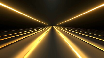 Poster - Bright golden light beams extend into darkness creating a futuristic tunnel effect in a sleek, modern environment