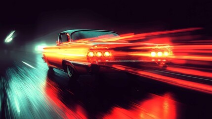 Poster - Vintage car in motion with neon lights and rain on a dark urban road at night