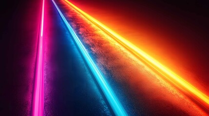 Fototapete - Bright neon lights create a vibrant atmosphere in a dark setting, illuminating the space with vivid colors and reflections on the surface