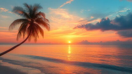 Wall Mural - Palm tree silhouette at sunset over calm ocean. Perfect for travel, vacation, or tropical themes.