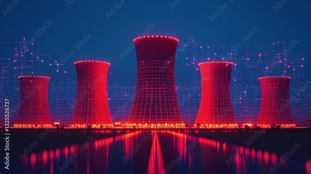 Red Nuclear Power Plant Cooling Towers Reflecting in Water at Night ...