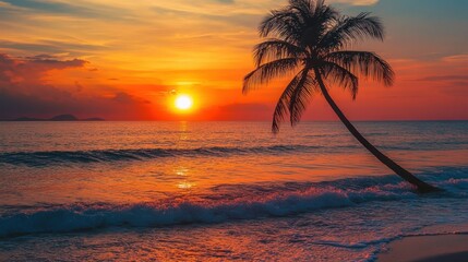 Wall Mural - Stunning sunset over tropical beach, palm tree silhouetted. Ideal for travel, vacation, and relaxation themes.