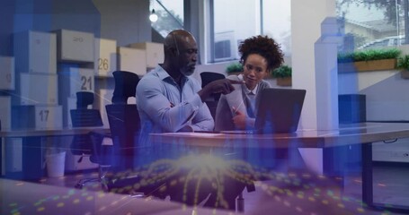 Poster - Collaborating at desk, business professionals using animation for digital data visualization