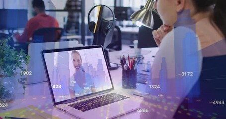 Poster - Video call on laptop with financial data animation over office setting