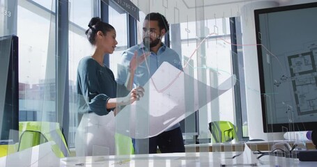 Poster - Discussing financial plans, business professionals with data animation overlay in office