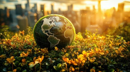 Poster - A vibrant globe resting on lush green grass symbolizing global connectivity in the digital token marketplace