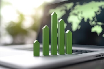 Poster - Green Growth on Digital World: Vibrant green graphs stand atop a sleek laptop, superimposed against a backdrop of a world map, symbolizing growth, progress.